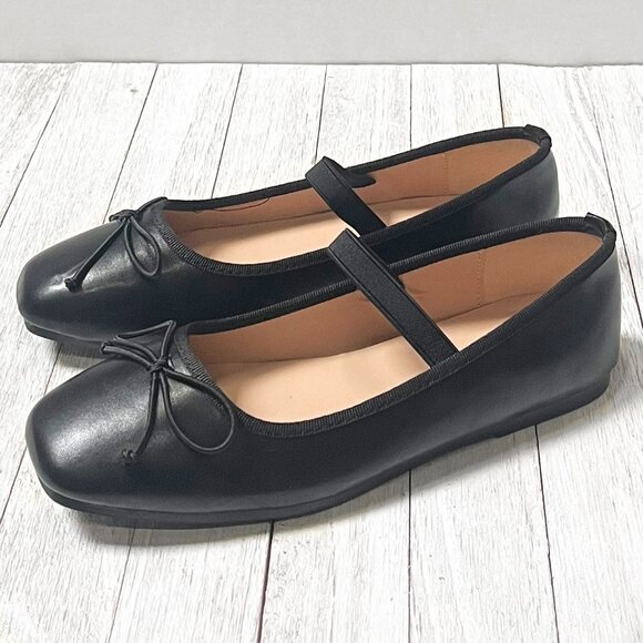 New Womens Black Square Toe Mary Jane Ballet Flats - Picture 1 of 2